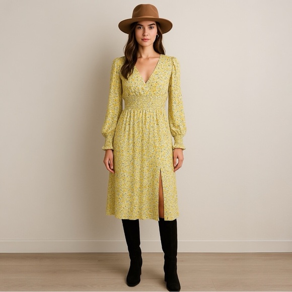 AFRM Yellow Floral Smocked Midi Dress XS | Long Sleeve | Boho | Anthropologie - Picture 1 of 12